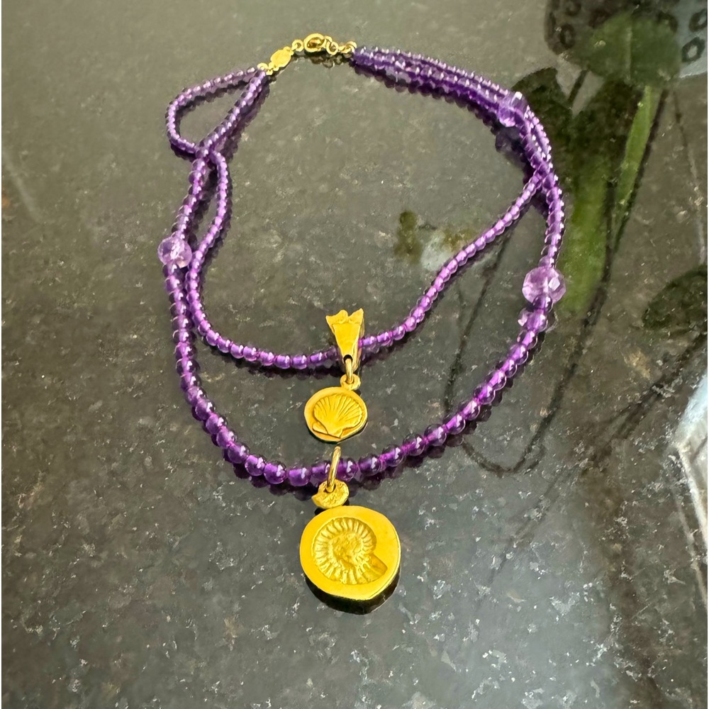LEE BREVARD 18K GOLD 1993 DOUBLE STRAND AMETHYST & TWO GOLD SHELL NECKLACE RARE!